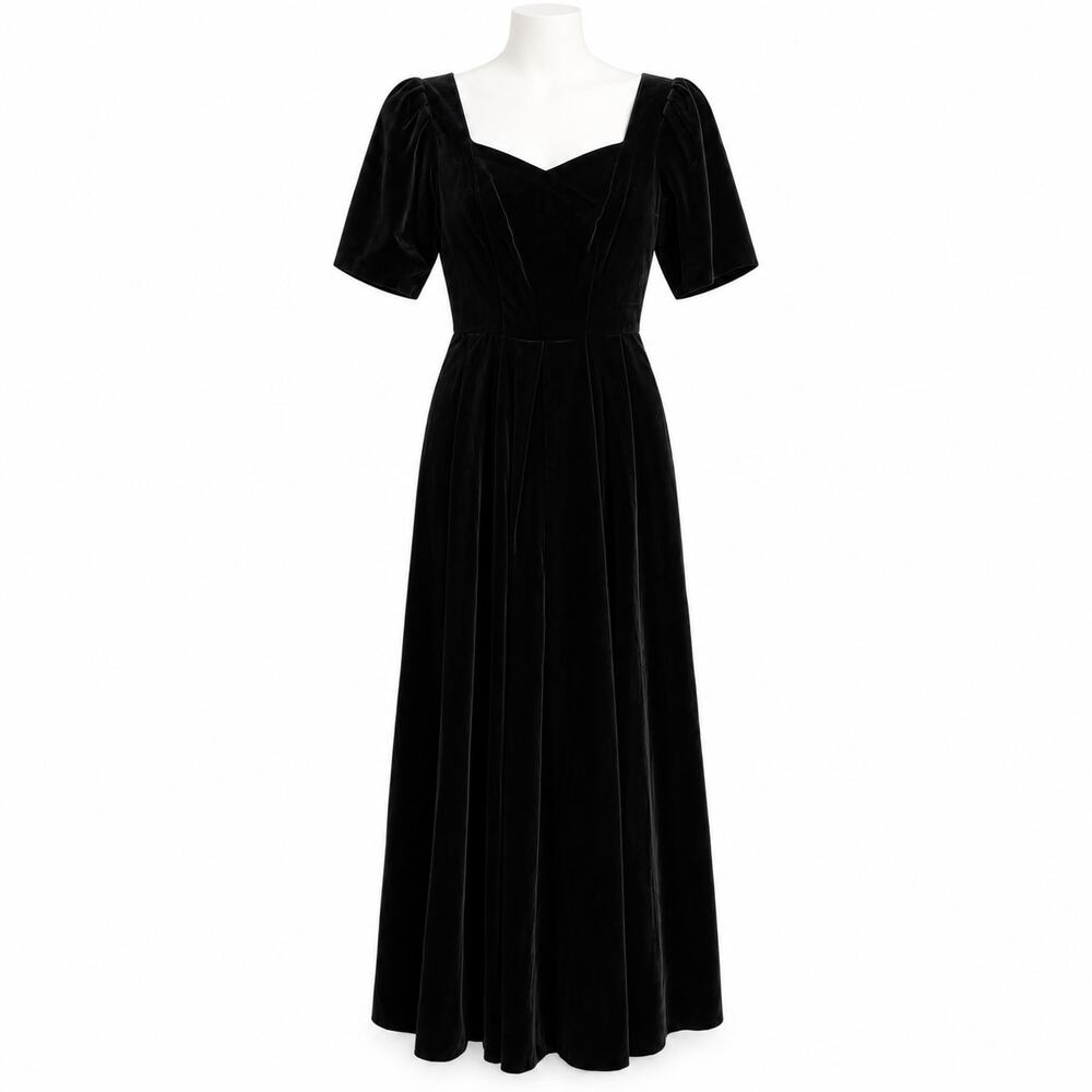 Laura Ashley Black Velvet Midi Dress Sz 6 Made UK Puff Sleeve Pleated Gothic